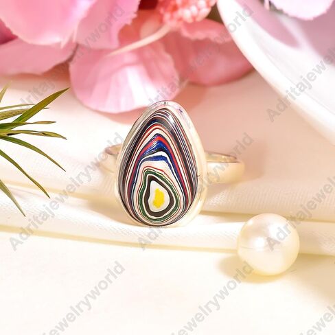 Rainbow Fordite Stone Ring 925 Sterling Silver Handmade Engagement Rings for Women Gift Jewelry for Her in Saudi Arabia