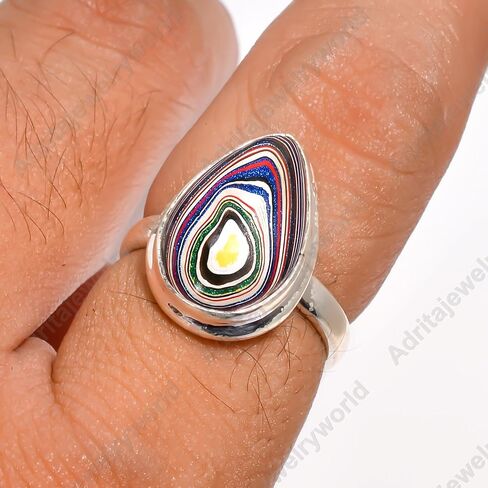 Rainbow Fordite Stone Ring 925 Sterling Silver Handmade Engagement Rings for Women Gift Jewelry for Her in Saudi Arabia