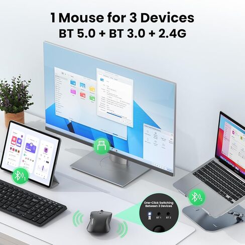 Mouse Tecknet Bluetooth ، [USB + BT1 + BT2] الماوس اللاسلكي للكمبيوتر المحمول ، النقر الصامت ، الحجم الكامل ، الفئران الكمبيوتر اللاسلكية 4800 نقطة في البوصة ، الوضع المزدوج للكمبيوتر المحمول ، الكمبيوتر ، iPad ، MacBook in Kuwait