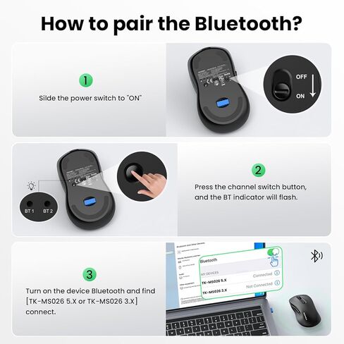 Mouse Tecknet Bluetooth ، [USB + BT1 + BT2] الماوس اللاسلكي للكمبيوتر المحمول ، النقر الصامت ، الحجم الكامل ، الفئران الكمبيوتر اللاسلكية 4800 نقطة في البوصة ، الوضع المزدوج للكمبيوتر المحمول ، الكمبيوتر ، iPad ، MacBook in Kuwait