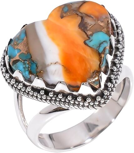 Natural Heart Orange Spiny Oyster Turquoise Gemstone Pure 925 Sterling Silver Handmade Design Statement Engagement Promise Ring Jewelry Gift for Women in Saudi Arabia