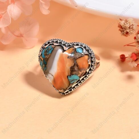 Natural Heart Orange Spiny Oyster Turquoise Gemstone Pure 925 Sterling Silver Handmade Design Statement Engagement Promise Ring Jewelry Gift for Women in Saudi Arabia