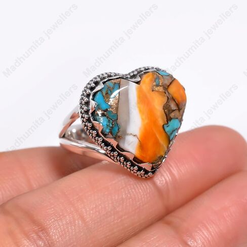 Natural Heart Orange Spiny Oyster Turquoise Gemstone Pure 925 Sterling Silver Handmade Design Statement Engagement Promise Ring Jewelry Gift for Women in Saudi Arabia