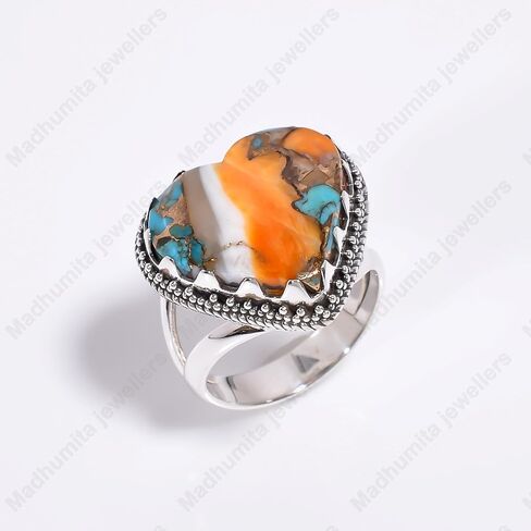 Natural Heart Orange Spiny Oyster Turquoise Gemstone Pure 925 Sterling Silver Handmade Design Statement Engagement Promise Ring Jewelry Gift for Women in Saudi Arabia