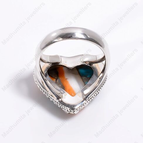 Natural Heart Orange Spiny Oyster Turquoise Gemstone Pure 925 Sterling Silver Handmade Design Statement Engagement Promise Ring Jewelry Gift for Women in Saudi Arabia