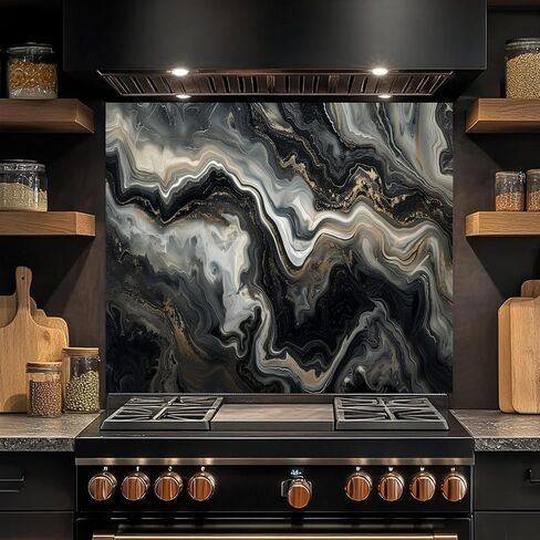 Tempered Glass Backsplash for Kitchen, Black & Gold Marble Swirl Design Glass Backsplash, Glass Backsplash for Kitchen Wall, Rustic Kitchen Backsplash, Easy to Install Stove Backsplash in Saudi Arabia