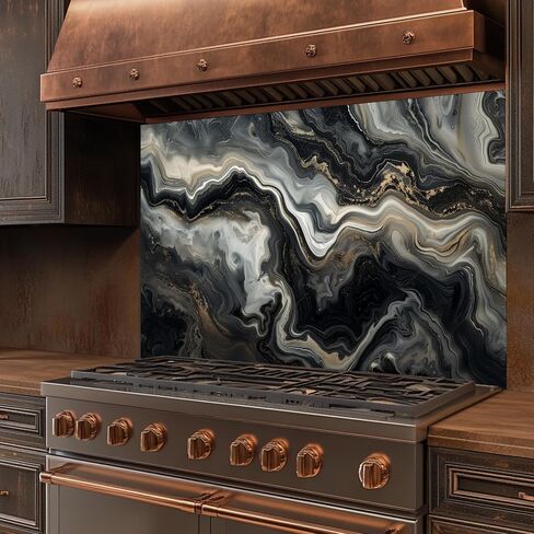 Tempered Glass Backsplash for Kitchen, Black & Gold Marble Swirl Design Glass Backsplash, Glass Backsplash for Kitchen Wall, Rustic Kitchen Backsplash, Easy to Install Stove Backsplash in Saudi Arabia