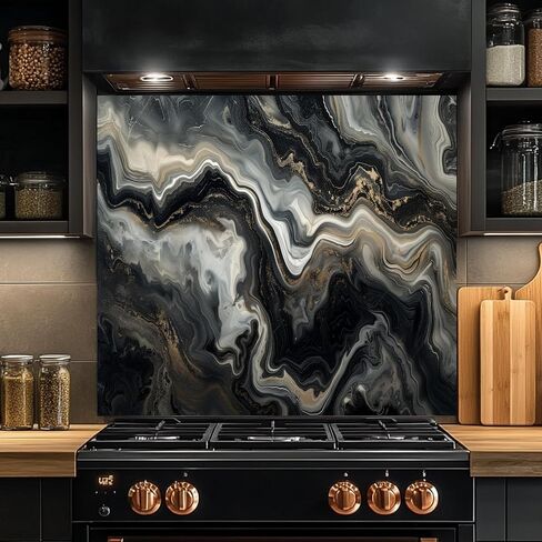 Tempered Glass Backsplash for Kitchen, Black & Gold Marble Swirl Design Glass Backsplash, Glass Backsplash for Kitchen Wall, Rustic Kitchen Backsplash, Easy to Install Stove Backsplash in Saudi Arabia