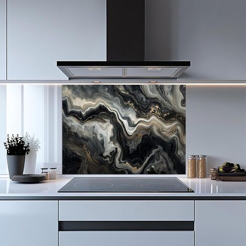 Tempered Glass Backsplash for Kitchen, Black & Gold Marble Swirl Design Glass Backsplash, Glass Backsplash for Kitchen Wall, Rustic Kitchen Backsplash, Easy to Install Stove Backsplash in Saudi Arabia