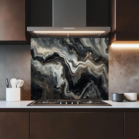 Tempered Glass Backsplash for Kitchen, Black & Gold Marble Swirl Design Glass Backsplash, Glass Backsplash for Kitchen Wall, Rustic Kitchen Backsplash, Easy to Install Stove Backsplash in Saudi Arabia
