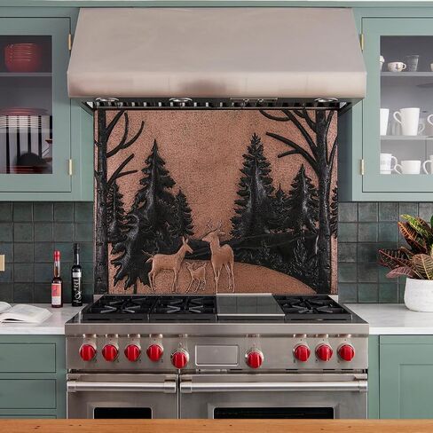 Kitchen Backsplash, Forest Scene with Deer Family Copper Backsplash, Custom Copper Backsplash Panel, Handmade Copper Backsplash Tile, Indoor Outdoor Wall Decor (Black) in Saudi Arabia