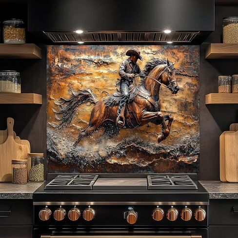 Tempered Glass Backsplash for Kitchen, Cowboy on Galloping Horse Design Glass Backsplash, Copper Look Backsplash for Kitchen Wall, Rustic Kitchen Backsplash, Easy to Install Stove Backsplash in Kuwait