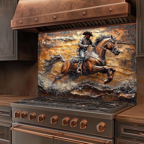 Tempered Glass Backsplash for Kitchen, Cowboy on Galloping Horse Design Glass Backsplash, Copper Look Backsplash for Kitchen Wall, Rustic Kitchen Backsplash, Easy to Install Stove Backsplash in Kuwait