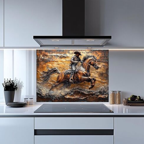 Tempered Glass Backsplash for Kitchen, Cowboy on Galloping Horse Design Glass Backsplash, Copper Look Backsplash for Kitchen Wall, Rustic Kitchen Backsplash, Easy to Install Stove Backsplash in Kuwait