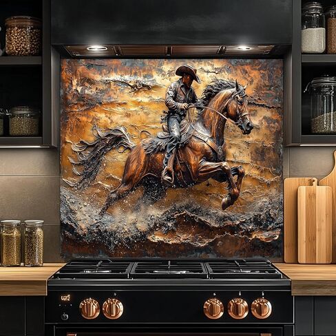 Tempered Glass Backsplash for Kitchen, Cowboy on Galloping Horse Design Glass Backsplash, Copper Look Backsplash for Kitchen Wall, Rustic Kitchen Backsplash, Easy to Install Stove Backsplash in Kuwait