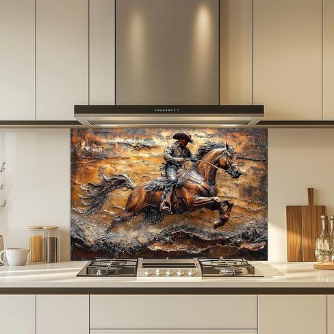 Tempered Glass Backsplash for Kitchen, Cowboy on Galloping Horse Design Glass Backsplash, Copper Look Backsplash for Kitchen Wall, Rustic Kitchen Backsplash, Easy to Install Stove Backsplash in Kuwait