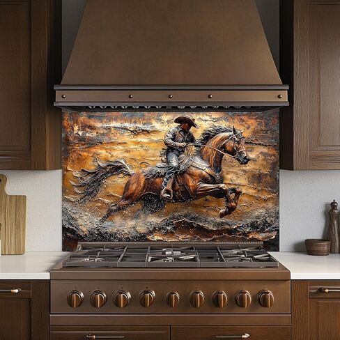 Tempered Glass Backsplash for Kitchen, Cowboy on Galloping Horse Design Glass Backsplash, Copper Look Backsplash for Kitchen Wall, Rustic Kitchen Backsplash, Easy to Install Stove Backsplash in Kuwait