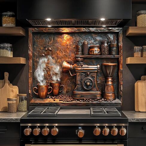 Tempered Glass Backsplash for Kitchen, Vintage Coffee Grinder Glass Backsplash, Copper Look Backsplash for Kitchen Wall, Rustic Kitchen Backsplash, Easy to Install Stove Backsplash in Saudi Arabia