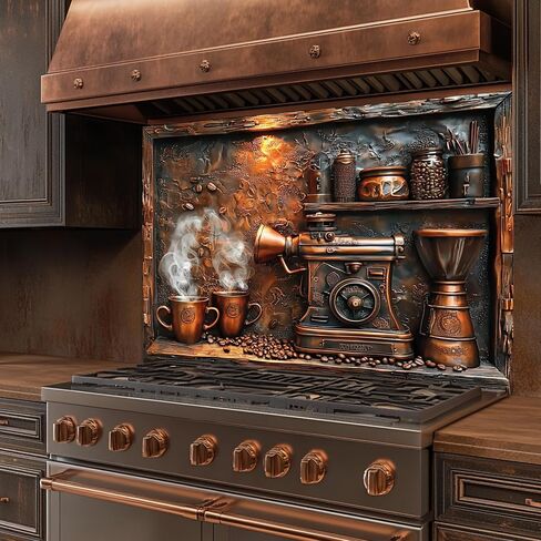 Tempered Glass Backsplash for Kitchen, Vintage Coffee Grinder Glass Backsplash, Copper Look Backsplash for Kitchen Wall, Rustic Kitchen Backsplash, Easy to Install Stove Backsplash in Saudi Arabia