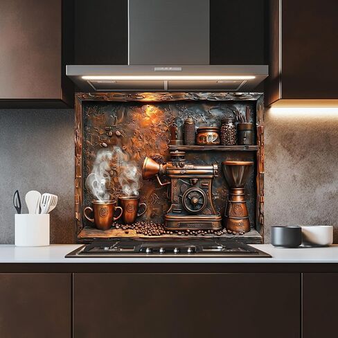 Tempered Glass Backsplash for Kitchen, Vintage Coffee Grinder Glass Backsplash, Copper Look Backsplash for Kitchen Wall, Rustic Kitchen Backsplash, Easy to Install Stove Backsplash in Saudi Arabia
