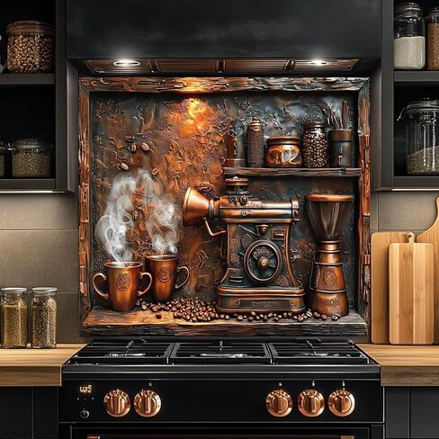 Tempered Glass Backsplash for Kitchen, Vintage Coffee Grinder Glass Backsplash, Copper Look Backsplash for Kitchen Wall, Rustic Kitchen Backsplash, Easy to Install Stove Backsplash in Saudi Arabia