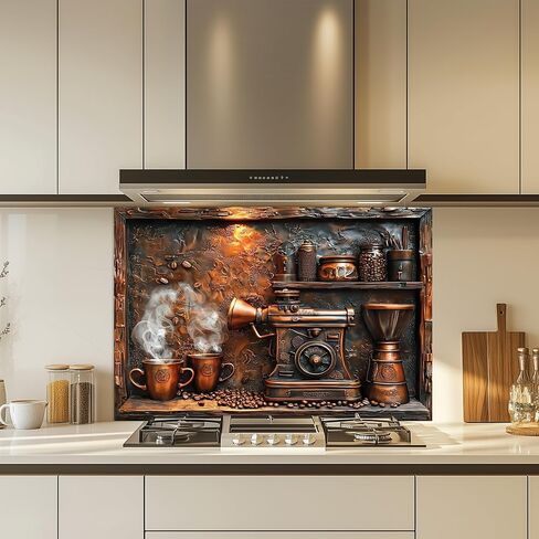 Tempered Glass Backsplash for Kitchen, Vintage Coffee Grinder Glass Backsplash, Copper Look Backsplash for Kitchen Wall, Rustic Kitchen Backsplash, Easy to Install Stove Backsplash in Saudi Arabia
