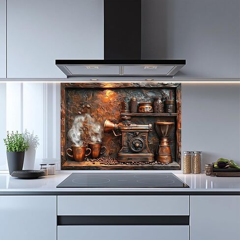 Tempered Glass Backsplash for Kitchen, Vintage Coffee Grinder Glass Backsplash, Copper Look Backsplash for Kitchen Wall, Rustic Kitchen Backsplash, Easy to Install Stove Backsplash in Saudi Arabia