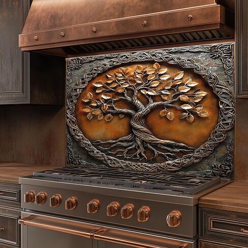 Tempered Glass Backsplash for Kitchen, Tree of Life with Border Design Glass Backsplash, Copper Look Backsplash for Kitchen Wall, Rustic Kitchen Backsplash, Easy to Install Stove Backsplash in Saudi Arabia