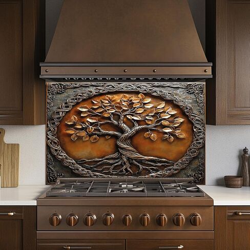 Tempered Glass Backsplash for Kitchen, Tree of Life with Border Design Glass Backsplash, Copper Look Backsplash for Kitchen Wall, Rustic Kitchen Backsplash, Easy to Install Stove Backsplash in Saudi Arabia