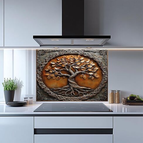 Tempered Glass Backsplash for Kitchen, Tree of Life with Border Design Glass Backsplash, Copper Look Backsplash for Kitchen Wall, Rustic Kitchen Backsplash, Easy to Install Stove Backsplash in Saudi Arabia