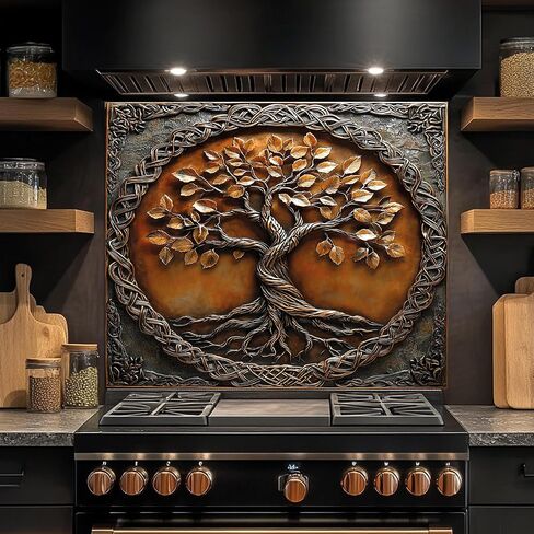 Tempered Glass Backsplash for Kitchen, Tree of Life with Border Design Glass Backsplash, Copper Look Backsplash for Kitchen Wall, Rustic Kitchen Backsplash, Easy to Install Stove Backsplash in Saudi Arabia