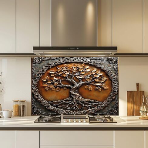 Tempered Glass Backsplash for Kitchen, Tree of Life with Border Design Glass Backsplash, Copper Look Backsplash for Kitchen Wall, Rustic Kitchen Backsplash, Easy to Install Stove Backsplash in Saudi Arabia