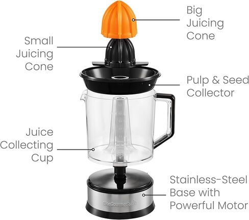 Elite Gourmet ETS326 BPA-Free Electric Citrus Juicer, Compact, Large Volume, Pulp Control, Oranges, Lemons, Limes, Grapefruits with Easy Pour Spout, 24oz, Black/Stainless Steel in Kuwait