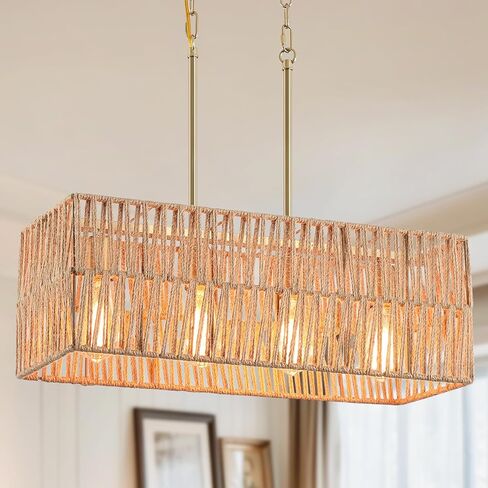 Coastal Boho Woven Kitchen Island Lighting, 3 Lights Rectangular Pendant Light Fixture, Adjustable Rods Handmade Hemp Rope Linear Chandelier for Kitchen Island Farmhouse Dining Room, Antique Gold in Saudi Arabia