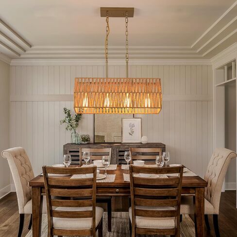 Coastal Boho Woven Kitchen Island Lighting, 3 Lights Rectangular Pendant Light Fixture, Adjustable Rods Handmade Hemp Rope Linear Chandelier for Kitchen Island Farmhouse Dining Room, Antique Gold in Saudi Arabia