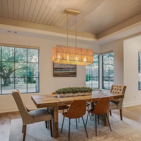 Coastal Boho Woven Kitchen Island Lighting, 3 Lights Rectangular Pendant Light Fixture, Adjustable Rods Handmade Hemp Rope Linear Chandelier for Kitchen Island Farmhouse Dining Room, Antique Gold in Saudi Arabia