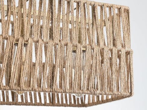 Coastal Boho Woven Kitchen Island Lighting, 3 Lights Rectangular Pendant Light Fixture, Adjustable Rods Handmade Hemp Rope Linear Chandelier for Kitchen Island Farmhouse Dining Room, Antique Gold in Saudi Arabia