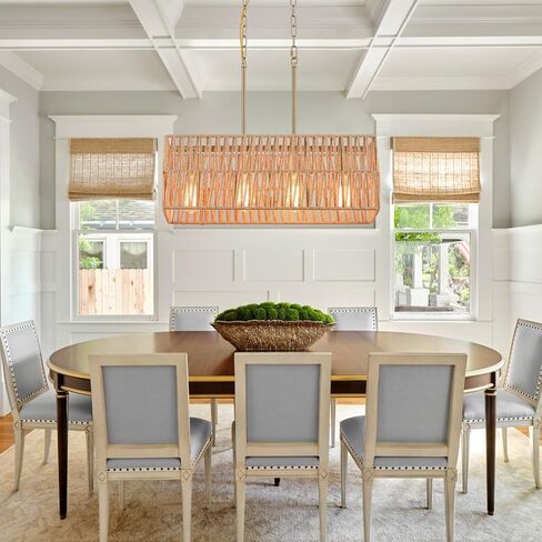Coastal Boho Woven Kitchen Island Lighting, 3 Lights Rectangular Pendant Light Fixture, Adjustable Rods Handmade Hemp Rope Linear Chandelier for Kitchen Island Farmhouse Dining Room, Antique Gold in Saudi Arabia