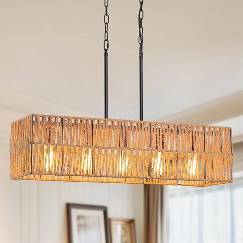 Coastal Boho Woven Kitchen Island Lighting, 3 Lights Rectangular Pendant Light Fixture, Adjustable Rods Handmade Hemp Rope Linear Chandelier for Kitchen Island Farmhouse Dining Room, Antique Gold in Saudi Arabia