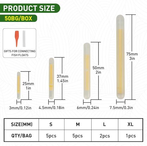 QualyQualy Fishing Glow Sticks for Bobbers 1" 1.5" 2" 3" Fishing Bobber Lights, Fishing Rod Bell Alarm Lights, Bobber Glow Sticks Bulk Kit 50Pcs 20Pcs 10Pcs in Kuwait