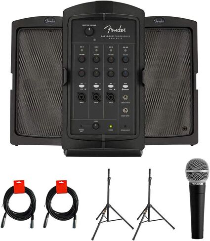 نظام PA المحمول من Fender Passport Event Series 2 بقوة 375 وات مع ميكروفون صوتي وحامل مكبر صوت 2X وحزمة كابل 2X XLR in Kuwait