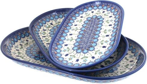 فخار مصقول باللون الأزرق الوردي - مجموعة تقديم بيضاوية من 3 قطع من بهجة الرنة الخضراء - 3 صواني - طبق تقديم سيراميك، تصميم احتفالي، هدية عيد ميلاد فريدة in Kuwait