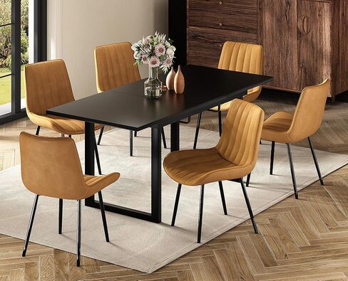 Extendable Dining Table Set for 4-6 People, 70.86" x 31.5" Mid Century Modern Dining Room Table with Faux Leather Dining Chairs Set of 6 for Kitchen and Dining Room, Walnut+Black in Saudi Arabia