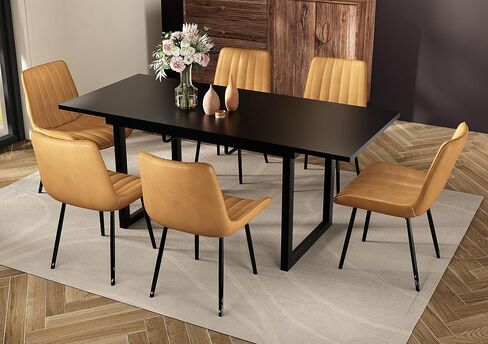 Extendable Dining Table Set for 4-6 People, 70.86" x 31.5" Mid Century Modern Dining Room Table with Faux Leather Dining Chairs Set of 6 for Kitchen and Dining Room, Walnut+Black in Saudi Arabia