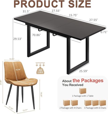 Extendable Dining Table Set for 4-6 People, 70.86" x 31.5" Mid Century Modern Dining Room Table with Faux Leather Dining Chairs Set of 6 for Kitchen and Dining Room, Walnut+Black in Saudi Arabia