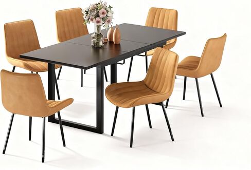 Extendable Dining Table Set for 4-6 People, 70.86" x 31.5" Mid Century Modern Dining Room Table with Faux Leather Dining Chairs Set of 6 for Kitchen and Dining Room, Walnut+Black in Saudi Arabia