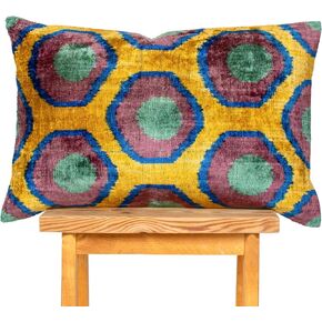 Mustard Multicolor Ikat Velvet Pillow Round Pattern Cushion Decorative Throw Pillow 12x20 Boho Home Accent in Saudi Arabia