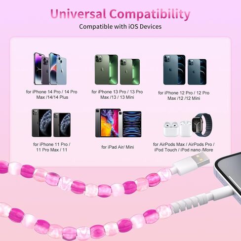 SAMONPOW for iPhone Charger Cord 66W Fast Charging Cable 3.3FT Cute Jade Beaded USB to ISO Charging Cord for Women Girls Phone Charger Cord for iPhone 14 13 12 11 Pro Max XR XS X 8 7 iPad, Pink in Saudi Arabia