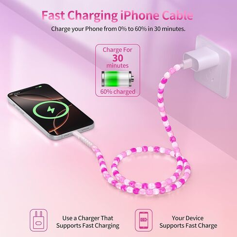SAMONPOW for iPhone Charger Cord 66W Fast Charging Cable 3.3FT Cute Jade Beaded USB to ISO Charging Cord for Women Girls Phone Charger Cord for iPhone 14 13 12 11 Pro Max XR XS X 8 7 iPad, Pink in Saudi Arabia
