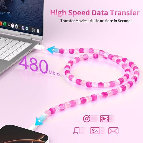 SAMONPOW for iPhone Charger Cord 66W Fast Charging Cable 3.3FT Cute Jade Beaded USB to ISO Charging Cord for Women Girls Phone Charger Cord for iPhone 14 13 12 11 Pro Max XR XS X 8 7 iPad, Pink in Saudi Arabia